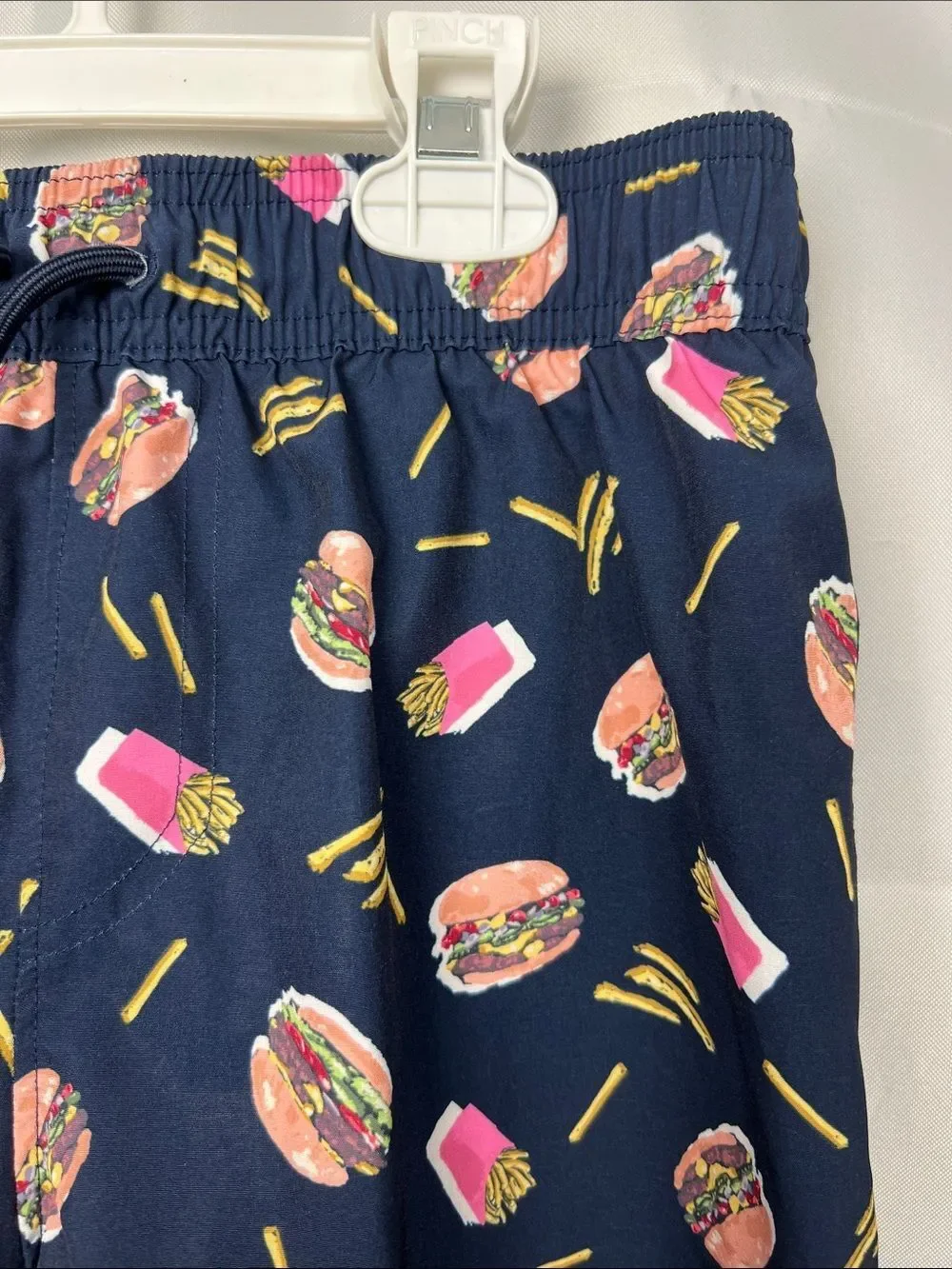 Abercrombie Kids Navy Blue Burger and Fries print swim performance casual shorts